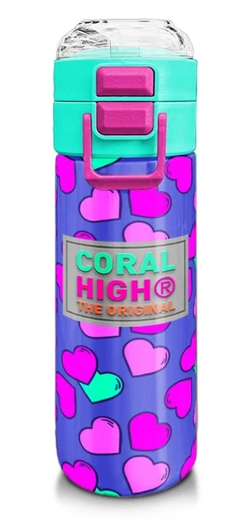 Coral High Kız Çocuk İçin 500 ml'lik Paslanmaz Çelik Termos/Suluk - Lavanta Pembe Kalp Desenli