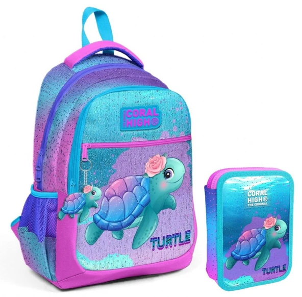 Coral High Turkuaz Pembe Kaplumbağa Kız Çocuk Okul Çantası ve Organizer Kalemlik Seti 23497+11134 ürün görseli