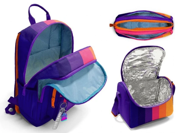 Coral High İlkokul ve Ortaokul Okul Çanta Üçlüsü - Kız Çocuk, Mor Turuncu Renkli Çizgili - Resim 2