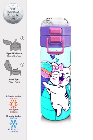 Coral High 500 ml Paslanmaz Çelik Okul Termosu/Suluk/Matara - Kız Çocuk - Turkuaz Pembe Dondurmalı Desenli - Sızdırma Yapmaz - 2