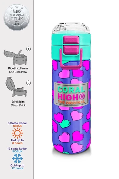 Coral High Kız Çocuk İçin 500 ml'lik Paslanmaz Çelik Termos/Suluk - Lavanta Pembe Kalp Desenli - 2