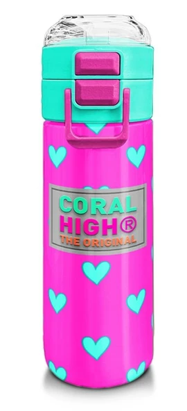 Coral High 500 ml Kız Çocuk Pipetli Termos/Matara - Neon Pembe Su Yeşili Kalp Desenli - Çift Kullanım Özelliği