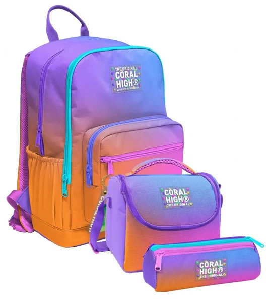 Coral High İlkokul ve Ortaokul Okul Çanta Üçlüsü - Kız Çocuk, Turuncu Mor Renk Geçişli ürün görseli