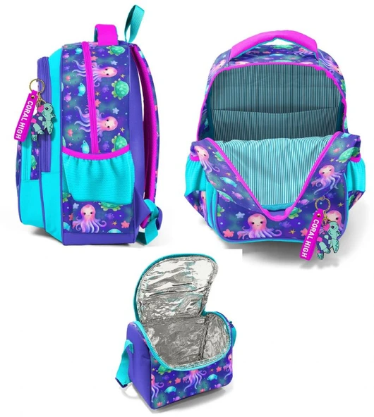 Coral High Kız Çocuklara Özel İlkokul Çantası ve Beslenme Çantası Takım - Lavanta Turkuaz Deniz Anası - Resim 2