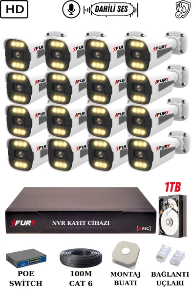 FURY 16 Kameralı Ip Güvenlik Kamerası Seti Sesli 4mp Gece Renkli Su Geçirmez 1506s 1TB