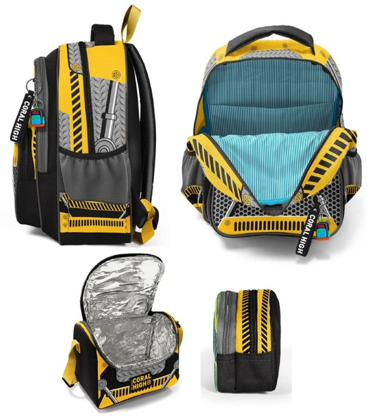 Coral High Üç Bölmeli Siyah Sarı Robot, Erkek Çocuk, İlkokul Üçlü Okul Çanta Seti - Resim 2