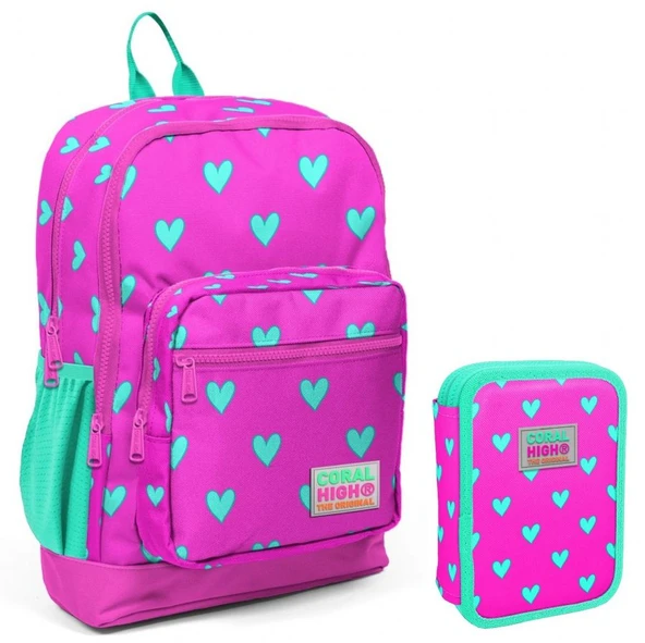 Coral High Yeşil Pembe Kalp Desenli Kız Çocuk Okul Çantası ve Organizer Kalemlik Seti 23113 11133 ürün görseli