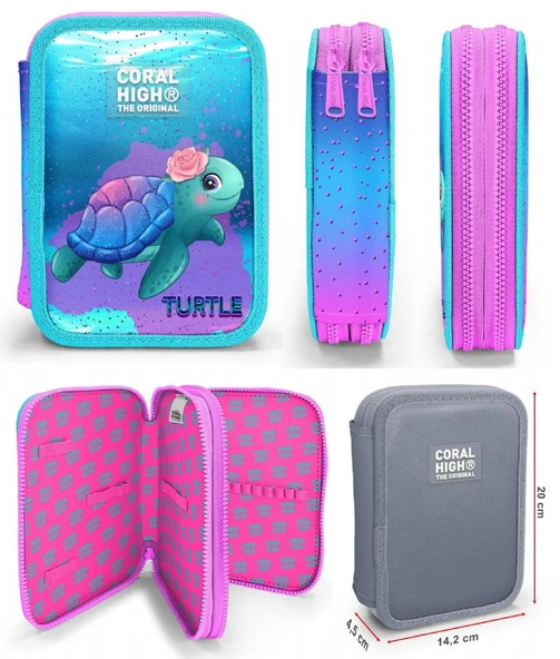 Coral High Turkuaz Pembe Kaplumbağa Kız Çocuk Okul Çantası ve Organizer Kalemlik Seti 23497+11134 - Resim 4
