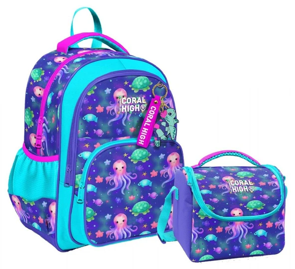 Coral High Kız Çocuklara Özel İlkokul Çantası ve Beslenme Çantası Takım - Lavanta Turkuaz Deniz Anası ürün görseli