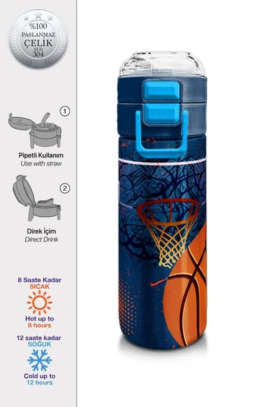 Coral High 500 ml Paslanmaz Çelik Okul Termosu/Suluk/Matara - Erkek Çocuk - Turuncu Lacivert Basketbol Desenli - Sızdırma Yapmaz - 2