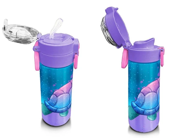 Coral High 500 ml Pipetli ve Direkt İçim Çelik Termos/Matara - Kız Çocuk -  Açık Pembe Mavi Kaplumbağa Desenli - 9