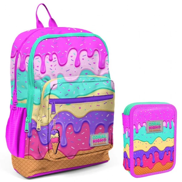 Coral High Pembe Mor Dondurma Kız Çocuk Okul Çantası ve Organizer Kalemlik Seti - Resim 3
