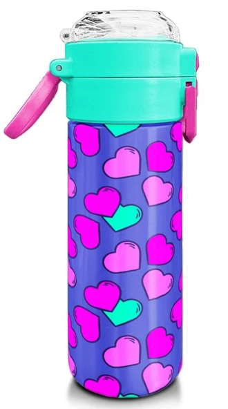 Coral High Kız Çocuk İçin 500 ml'lik Paslanmaz Çelik Termos/Suluk - Lavanta Pembe Kalp Desenli - 7