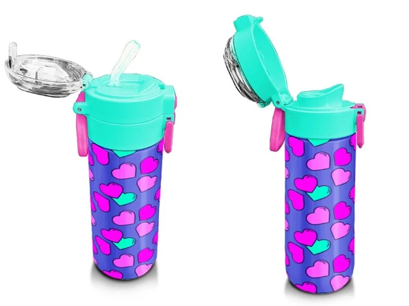 Coral High Kız Çocuk İçin 500 ml'lik Paslanmaz Çelik Termos/Suluk - Lavanta Pembe Kalp Desenli - 8