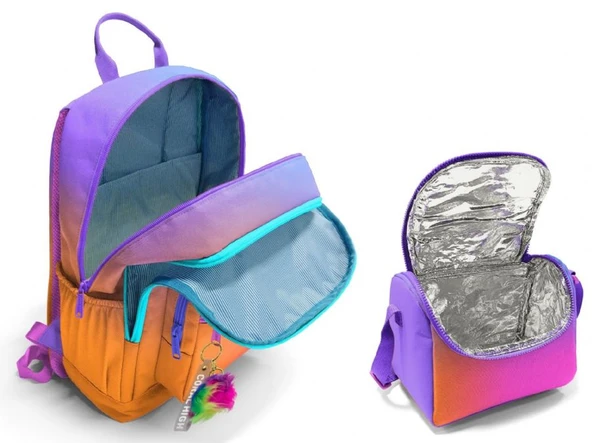 Coral High İlkokul ve Ortaokul Sırt Çantası ve Beslenme Seti - Kız Çocuklar İçin Turuncu Mor Renk Geçişli - Resim 2