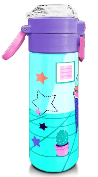 Coral High 500 ml Paslanmaz Çelik Okul Termosu/Suluk/Matara - Kız Çocuk - Turkuaz Pembe Dondurmalı Desenli - Sızdırma Yapmaz - 3