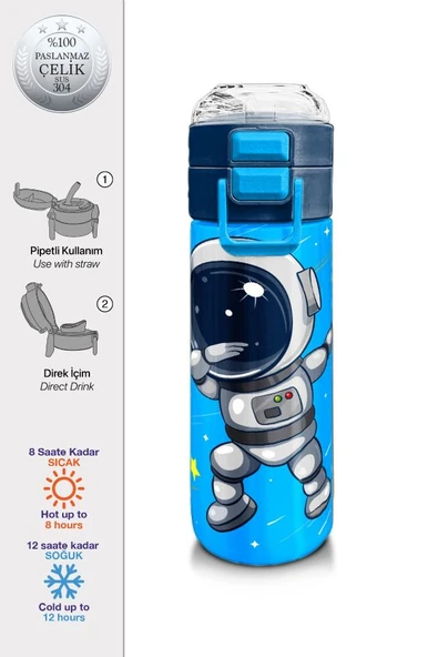 Coral High 500 ml Lacivert Mavi Astronot Desenli - Erkek Çocuk Paslanmaz Çelik Okul Termosu/Suluk/Matara - 2