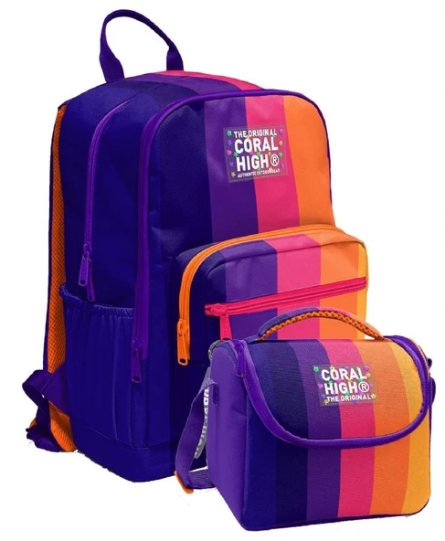 Coral High İlkokul ve Ortaokul Sırt Çantası ve Beslenme Seti - Kız Çocuklar İçin Mor Turuncu Renkli Çizgili ürün görseli