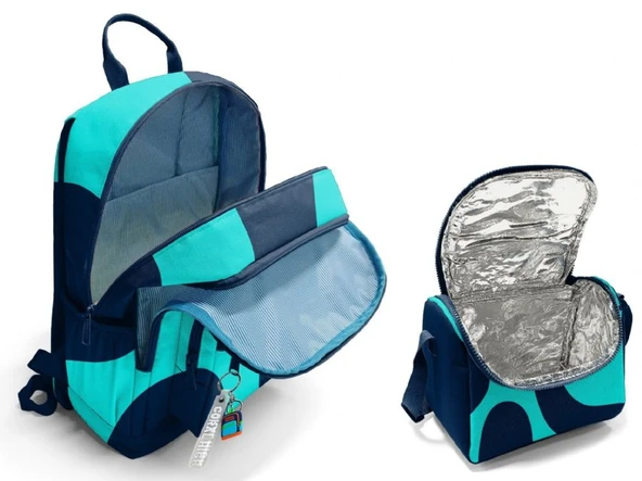 Coral High İlkokul ve Ortaokul Sırt Çantası ve Beslenme Seti - Erkek Çocuklar İçin Lacivert Turkuaz Renkli Çizgili - Resim 2