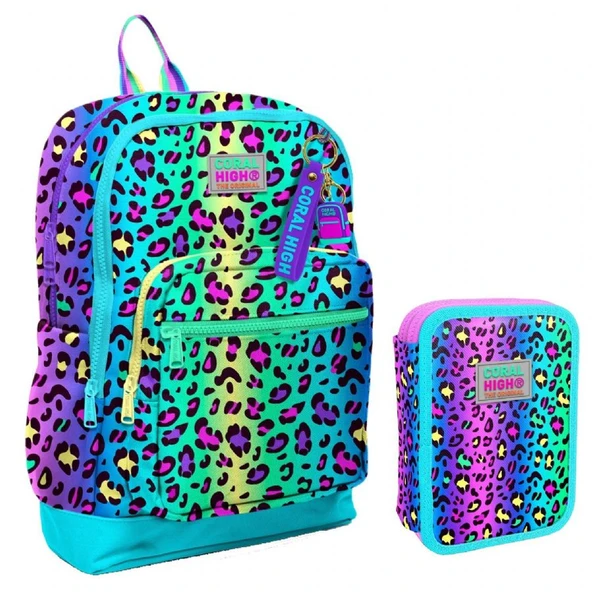 Coral High Yeşil Mor Leopar Kız Çocuk Okul Çantası ve Organizer Kalemlik Seti 23769 11143 - Resim 3