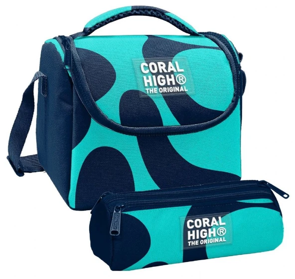 Coral High Erkek Çocuk Lacivert Turkuaz Renkli Çizgili Thermo Beslenme Çantası ve Üç Bölmeli Kalemlik Seti ürün görseli