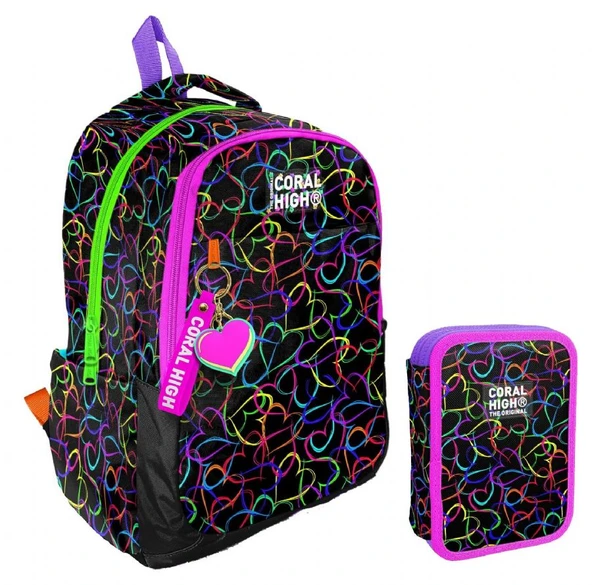 Coral High Kalp Baskılı Siyah Pembe Kız Çocuk Okul Çantası ve Organizer Kalemlik Seti 23670+11145 ürün görseli