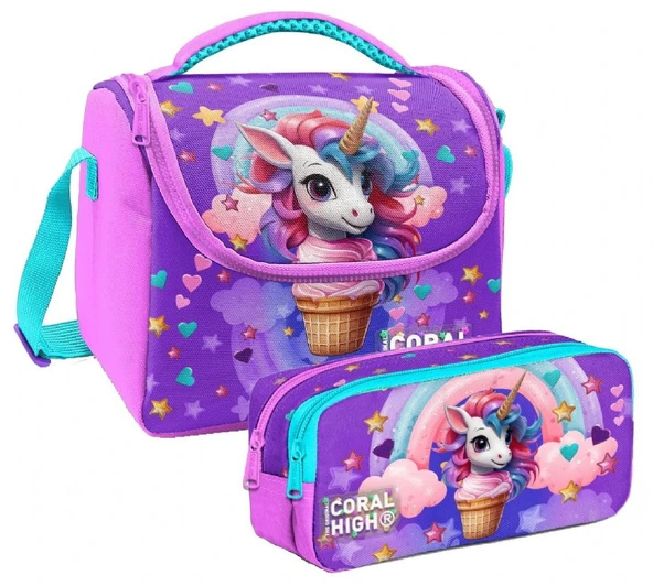 Coral High Kız Çocuk Mor Pembe Dondurma Unicorn Thermo Beslenme Çantası ve İki Bölmeli Kalemlik Seti ürün görseli
