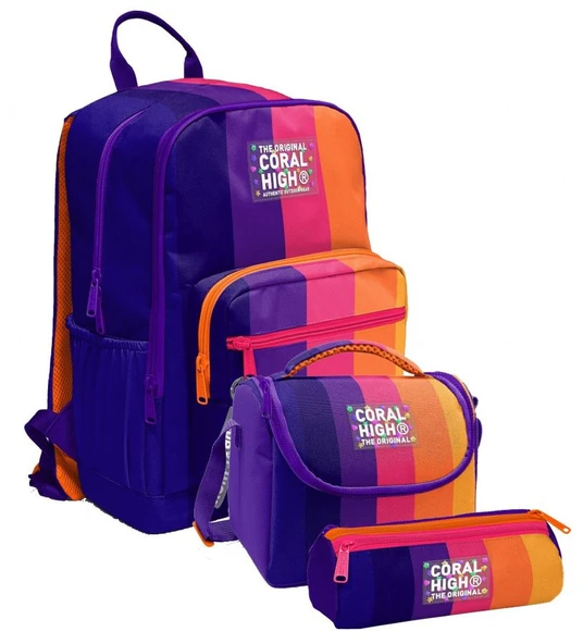Coral High İlkokul ve Ortaokul Okul Çanta Üçlüsü - Kız Çocuk, Mor Turuncu Renkli Çizgili ürün görseli