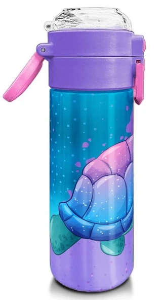 Coral High 500 ml Pipetli ve Direkt İçim Çelik Termos/Matara - Kız Çocuk -  Açık Pembe Mavi Kaplumbağa Desenli - 3