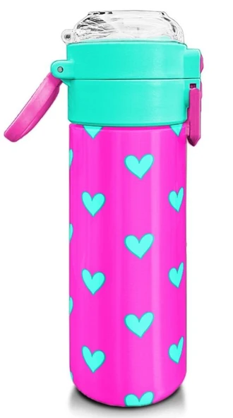 Coral High 500 ml Kız Çocuk Pipetli Termos/Matara - Neon Pembe Su Yeşili Kalp Desenli - Çift Kullanım Özelliği - 3
