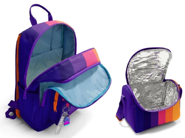 Coral High İlkokul ve Ortaokul Sırt Çantası ve Beslenme Seti - Kız Çocuklar İçin Mor Turuncu Renkli Çizgili - Resim 2