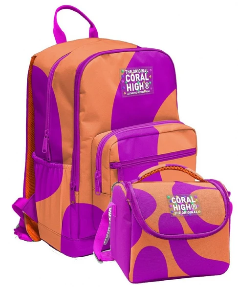 Coral High İlkokul ve Ortaokul Sırt Çantası ve Beslenme Seti - Kız Çocuklar İçin Turuncu Mor Renkli Çizgili ürün görseli 1
