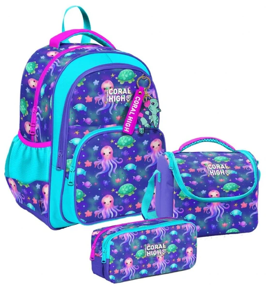 Coral High Üç Bölmeli Lavanta Turkuaz Deniz Anası, Kız Çocuk, İlkokul Üçlü Okul Çanta Seti ürün görseli
