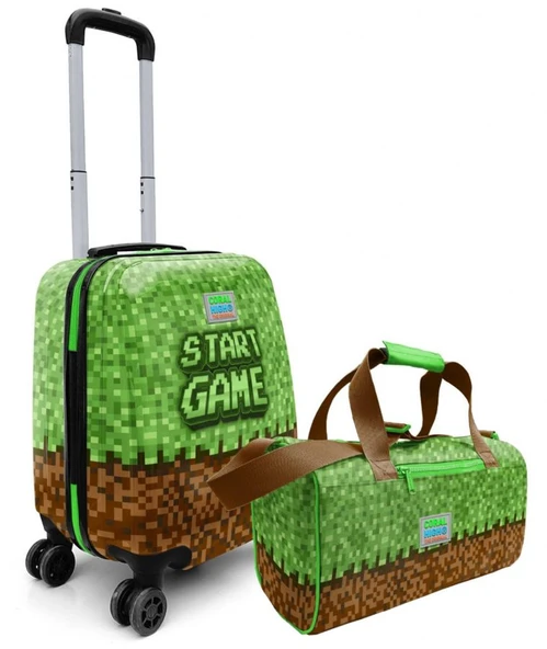 Coral High Erkek Çocuk Yeşil Kahverengi Craft Desenli Çocuk Valizi ve Seyahat/Spor Çantası Seti ürün görseli