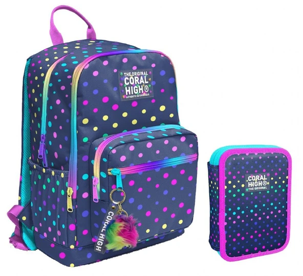 Coral High Puantiyeli Lacivert Kız Çocuk Okul Çantası ve Organizer Kalemlik Seti - İlkokul ve Ortaokul ürün görseli