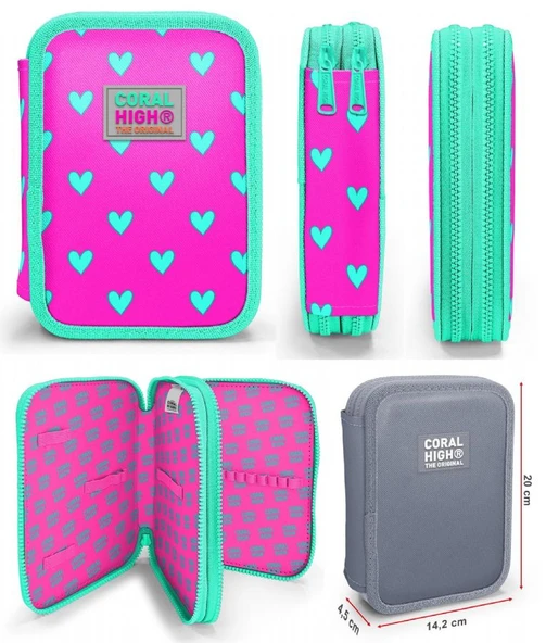Coral High Yeşil Pembe Kalp Desenli Kız Çocuk Okul Çantası ve Organizer Kalemlik Seti 23113 11133 - Resim 4