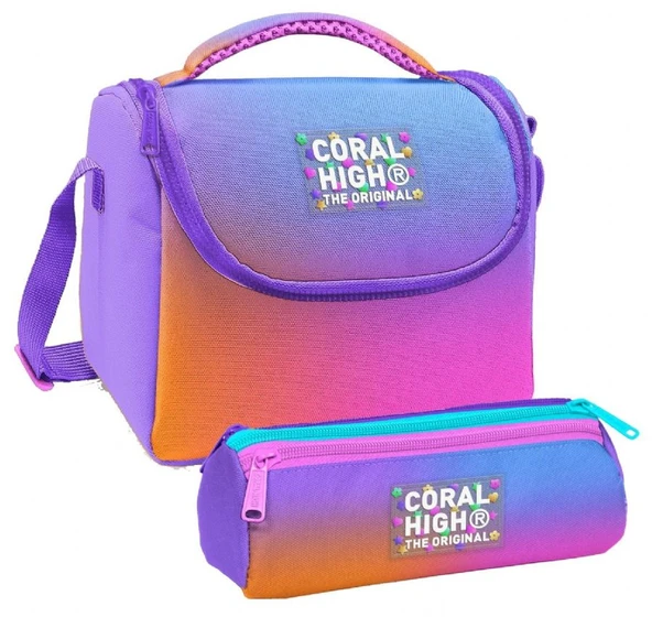 Coral High Kız Çocuk Turuncu Mor Renk Geçişli Thermo Beslenme Çantası ve Üç Bölmeli Kalemlik Seti ürün görseli