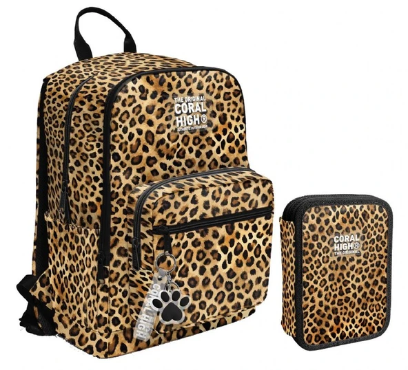 Coral High Kahverengi Leopar Kız Çocuk Okul Çantası ve Organizer Kalemlik Seti - İlkokul ve Ortaokul - Resim 3