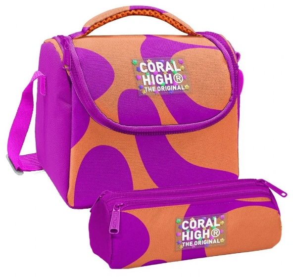 Coral High Kız Çocuk Turuncu Mor Renkli Çizgili Thermo Beslenme Çantası ve Üç Bölmeli Kalem Çantası Seti ürün görseli