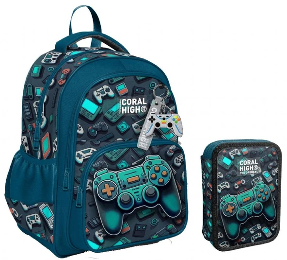 Coral High Nefti Yeşil Oyun Konsolu Erkek Çocuk Okul Çantası ve Organizer Kalemlik Seti - Resim 3