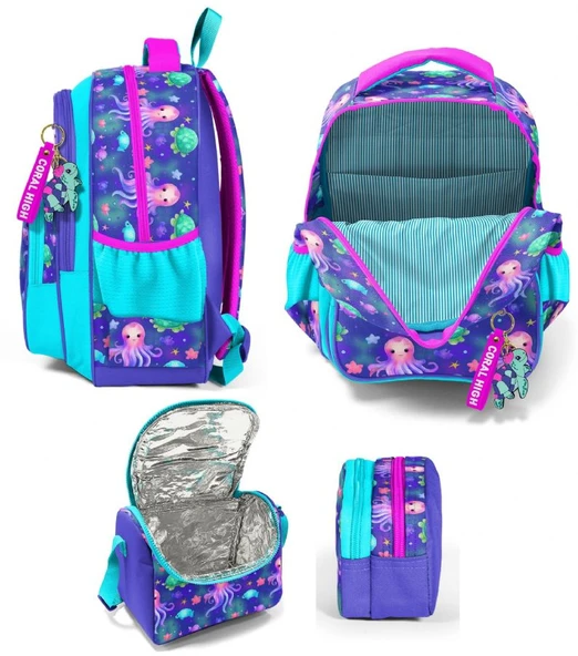 Coral High Üç Bölmeli Lavanta Turkuaz Deniz Anası, Kız Çocuk, İlkokul Üçlü Okul Çanta Seti - Resim 2