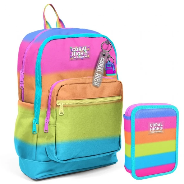 Coral High Pembe Turuncu Renk Geçişli Kız Çocuk Okul Çantası ve Organizer Kalemlik Seti 23770 11140 - Resim 3