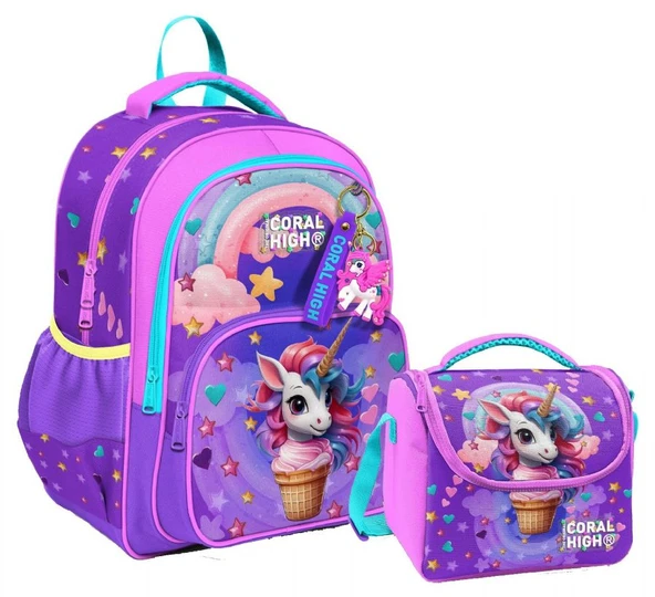Coral High Kız Çocuklara Özel İlkokul Çantası ve Beslenme Çantası Takım - Mor Pembe Dondurma Unicorn ürün görseli