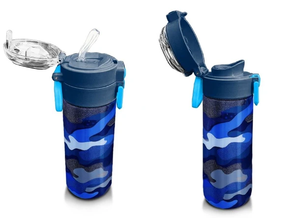 Coral High Erkek Çocuk İçin 500 ml'lik Paslanmaz Çelik Termos/Suluk - Lacivert Saks Kamuflaj Desenli - Resim 4