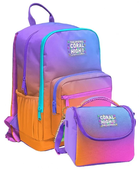 Coral High İlkokul ve Ortaokul Sırt Çantası ve Beslenme Seti - Kız Çocuklar İçin Turuncu Mor Renk Geçişli ürün görseli