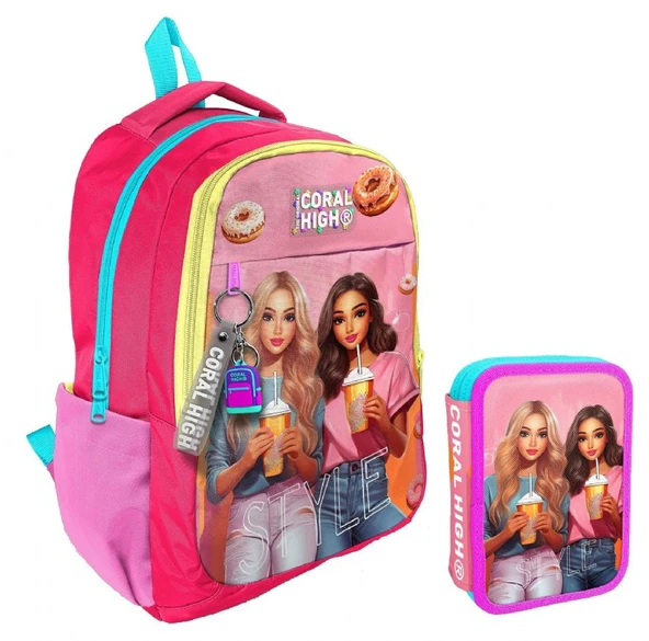 Coral High Pembe Kırmızı Fashion Girl Kız Çocuk Okul Çantası ve Organizer Kalemlik Seti 23669+11141 ürün görseli