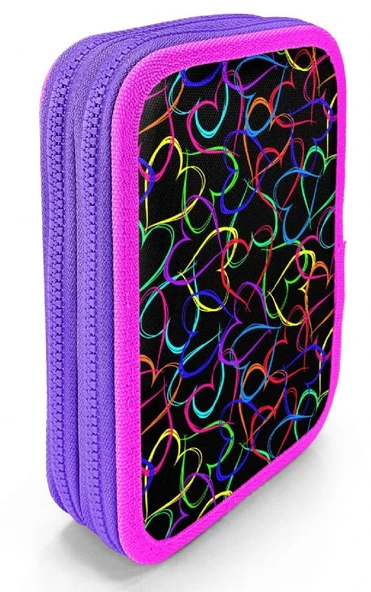 Coral High İki Katlı Düzenleyici Kalem Kutusu - Kalp Baskılı Siyah Pembe, Kız Çocuk, Kalp Baskılı Siyah Pembe - Resim 7