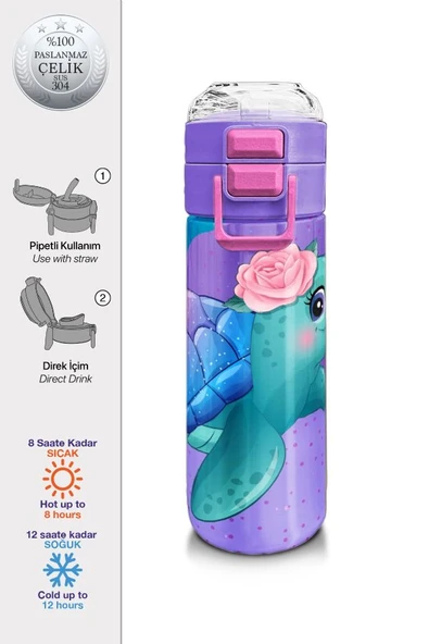 Coral High 500 ml Pipetli ve Direkt İçim Çelik Termos/Matara - Kız Çocuk -  Açık Pembe Mavi Kaplumbağa Desenli - 7