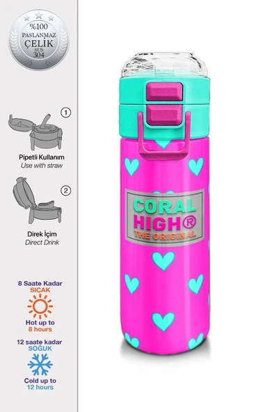 Coral High 500 ml Kız Çocuk Pipetli Termos/Matara - Neon Pembe Su Yeşili Kalp Desenli - Çift Kullanım Özelliği - 2