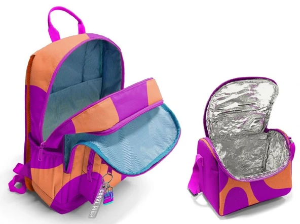 Coral High İlkokul ve Ortaokul Sırt Çantası ve Beslenme Seti - Kız Çocuklar İçin Turuncu Mor Renkli Çizgili - Resim 2